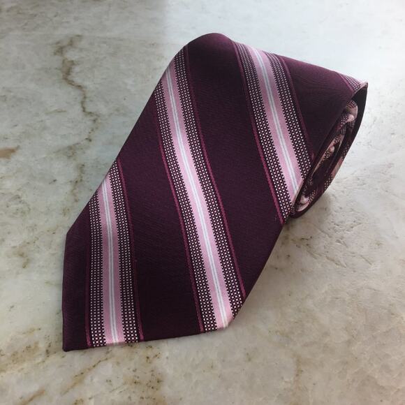 MICHAEL KORS  Silk Regiment Tie in Burgundy  Pink Grey and White - Picture 10 of 10